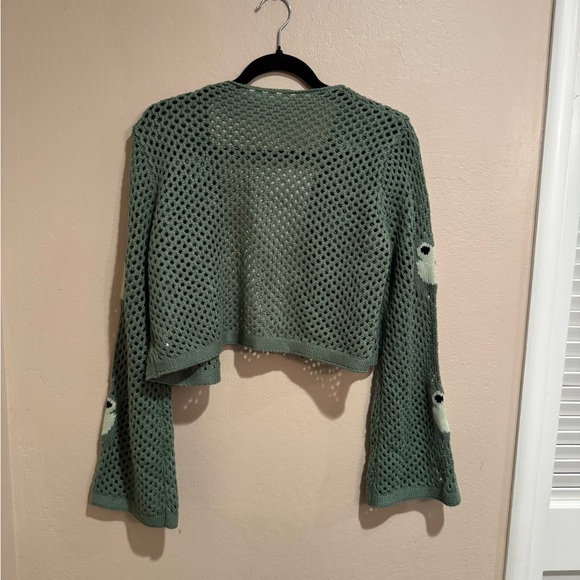 Green Frog Patterned Women's Crocheted Long Sleeve Sweater - Picture 2 of 5